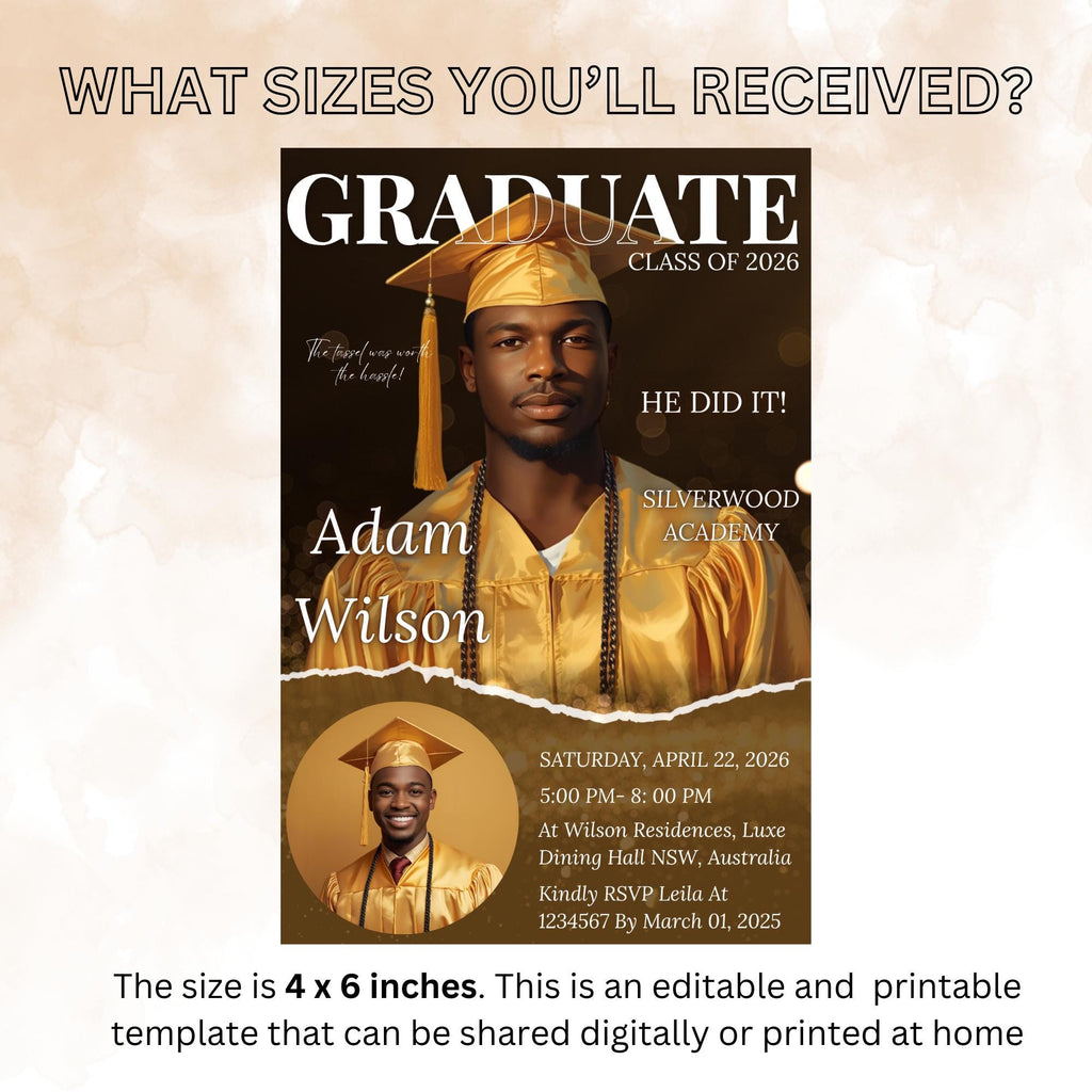 Men Graduation Announcement 2026 Invitation Black gold Senior Graduation Party Invite with photo, College Graduates Magazine Cover Template