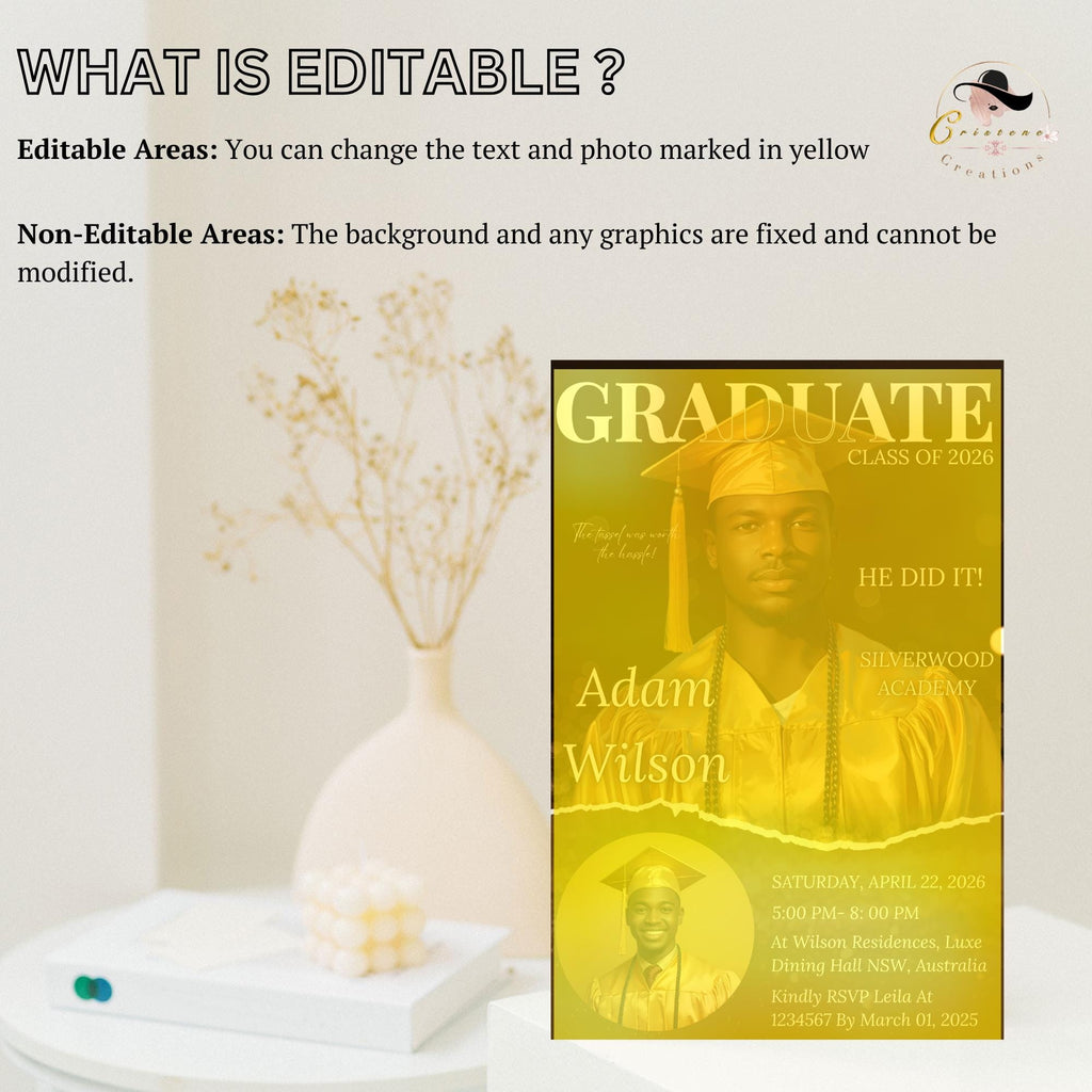 Men Graduation Announcement 2026 Invitation Black gold Senior Graduation Party Invite with photo, College Graduates Magazine Cover Template