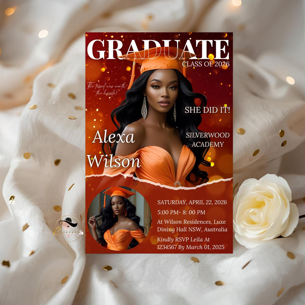 Graduation Announcement 2026 Invitation Orange Gold Senior Graduation invite with photo Woman College Graduate Party Magazine Cover Template