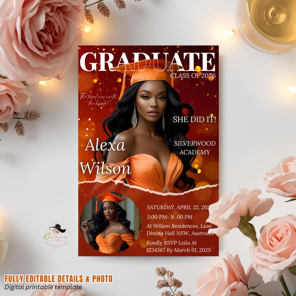 Graduation Announcement 2026 Invitation Orange Gold Senior Graduation invite with photo Woman College Graduate Party Magazine Cover Template