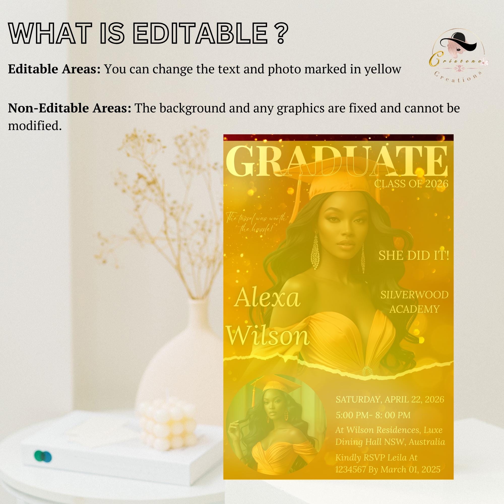 Graduation Announcement 2026 Invitation Orange Gold Senior Graduation invite with photo Woman College Graduate Party Magazine Cover Template