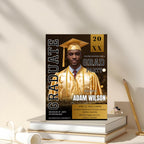 Black Gold Graduation Announcement 2026 Invitation, Men Senior Grad Party Invite with photo, Male College Graduate Magazine Cover Template