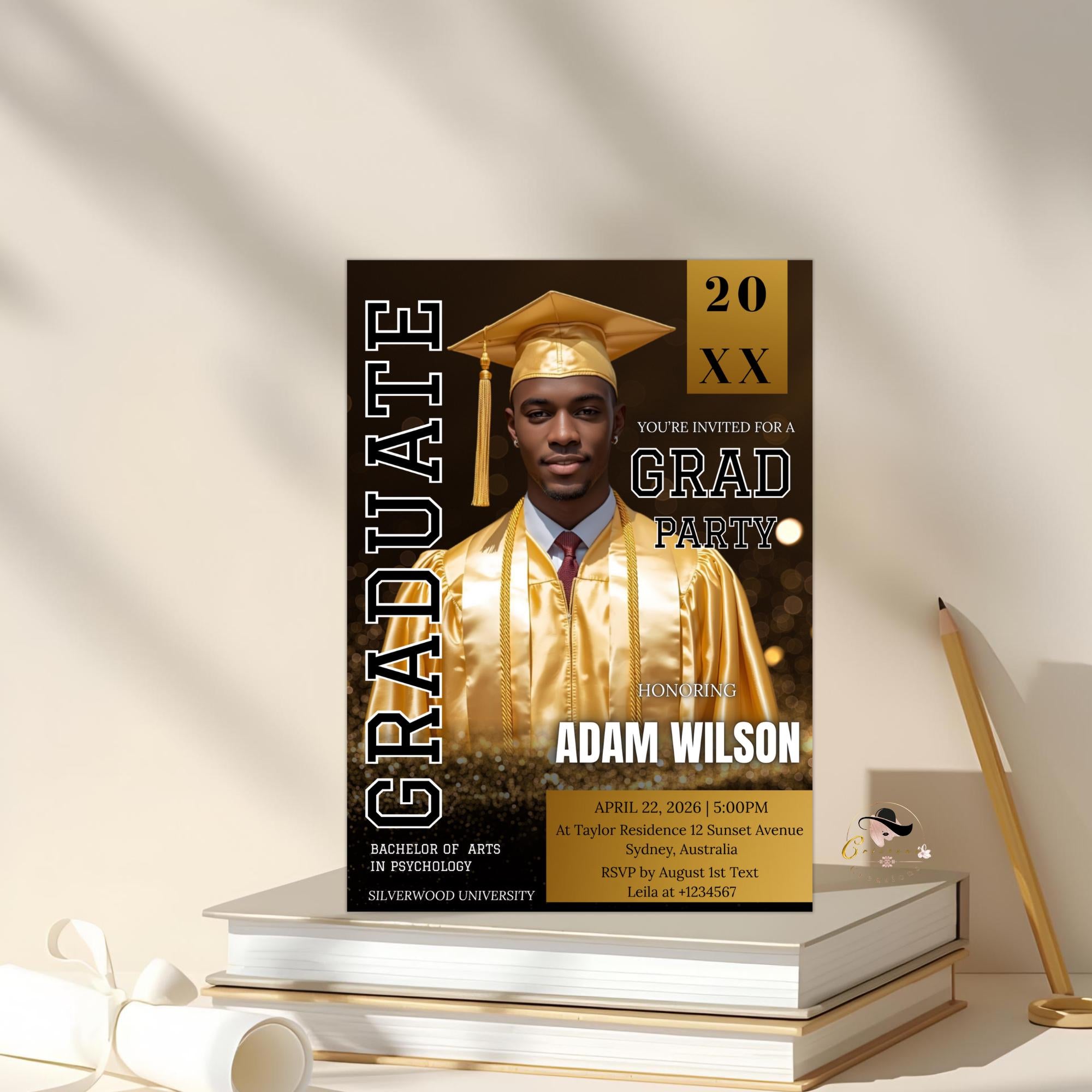 Black Gold Graduation Announcement 2026 Invitation, Men Senior Grad Party Invite with photo, Male College Graduate Magazine Cover Template