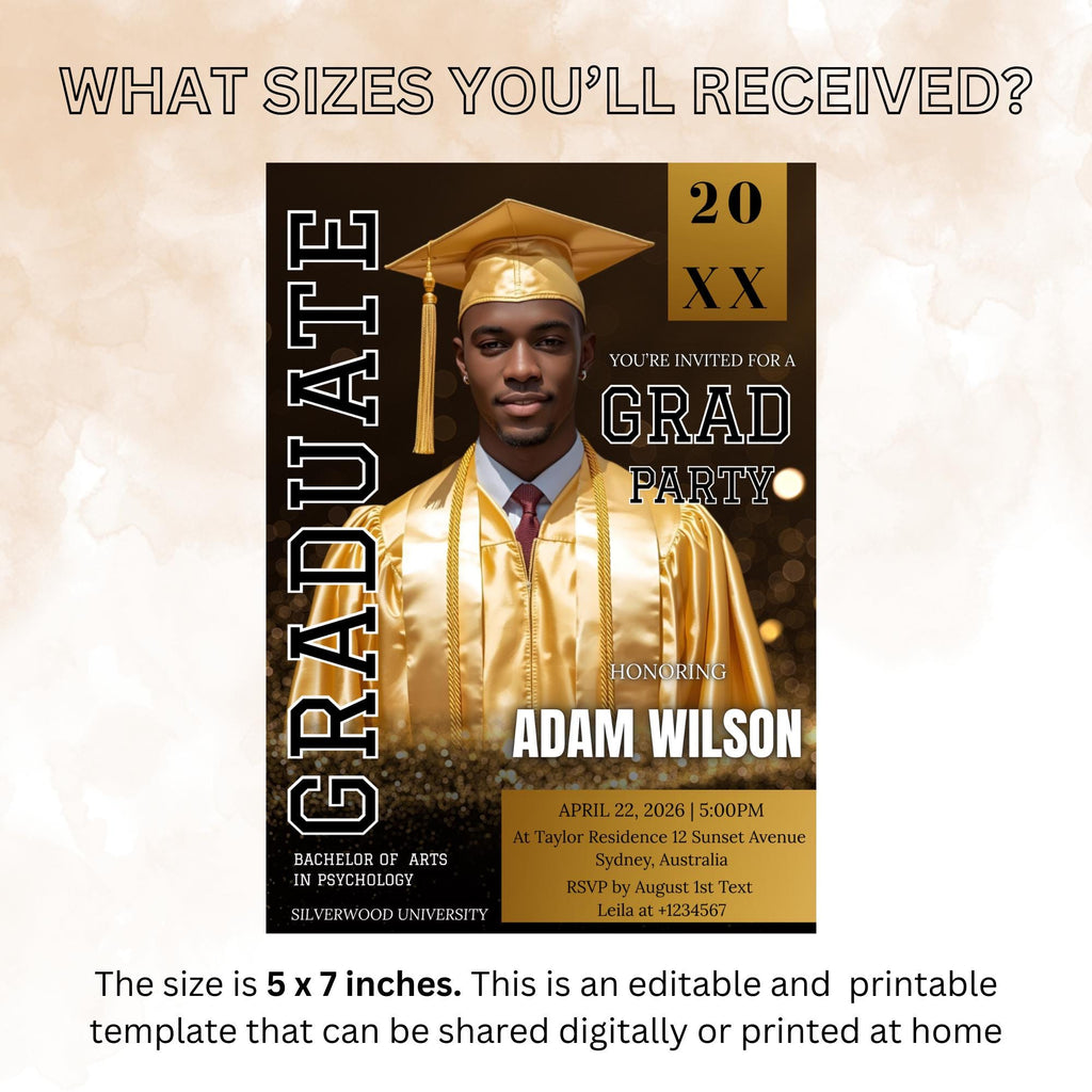 Black Gold Graduation Announcement 2026 Invitation, Men Senior Grad Party Invite with photo, Male College Graduate Magazine Cover Template