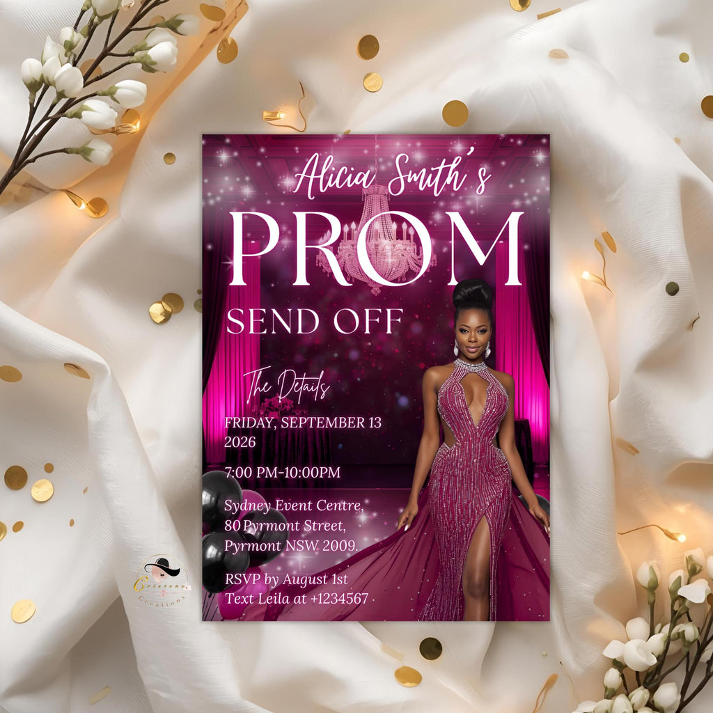 Prom Send Off Party Invitation Pink Black Woman Prom Night with photo invite, Elegant Grand Senior Ball and Junior Prom Gala Template, PRM08