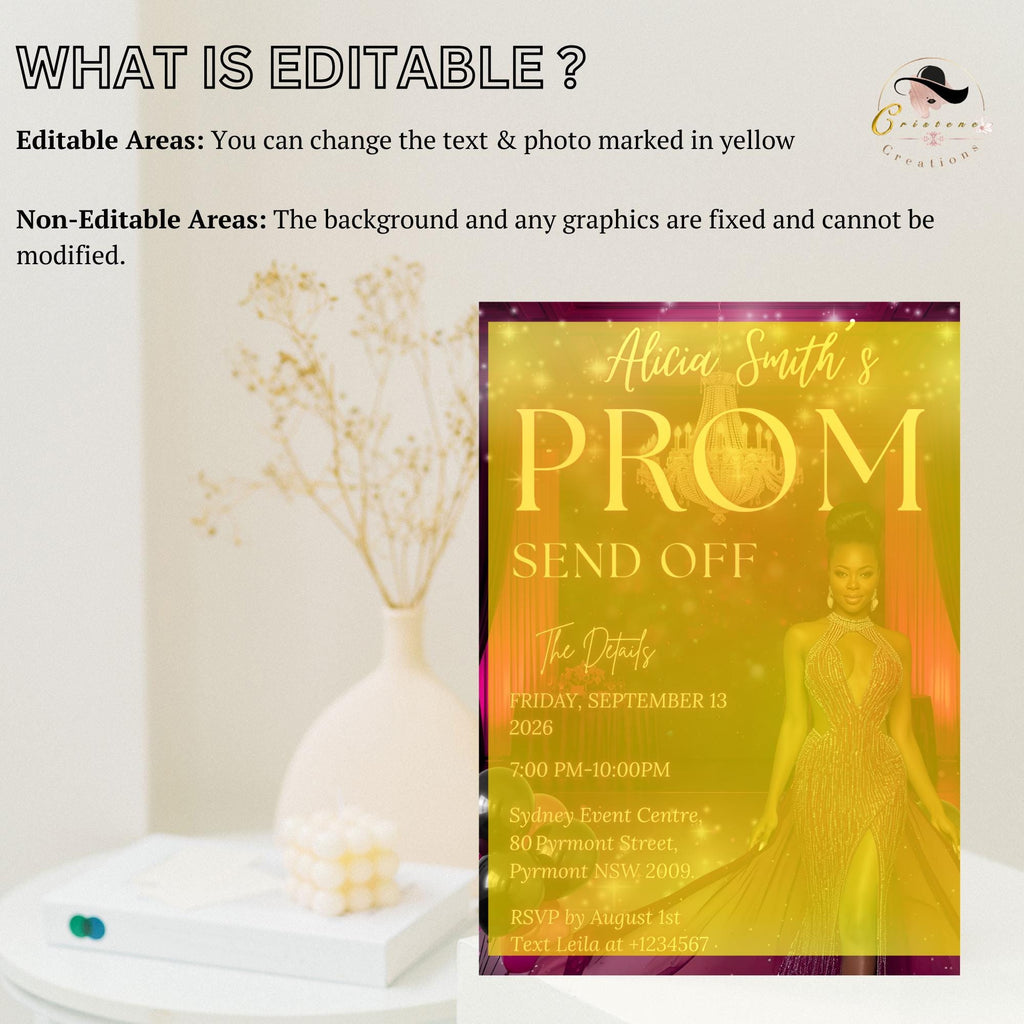 Prom Send Off Party Invitation Pink Black Woman Prom Night with photo invite, Elegant Grand Senior Ball and Junior Prom Gala Template, PRM08