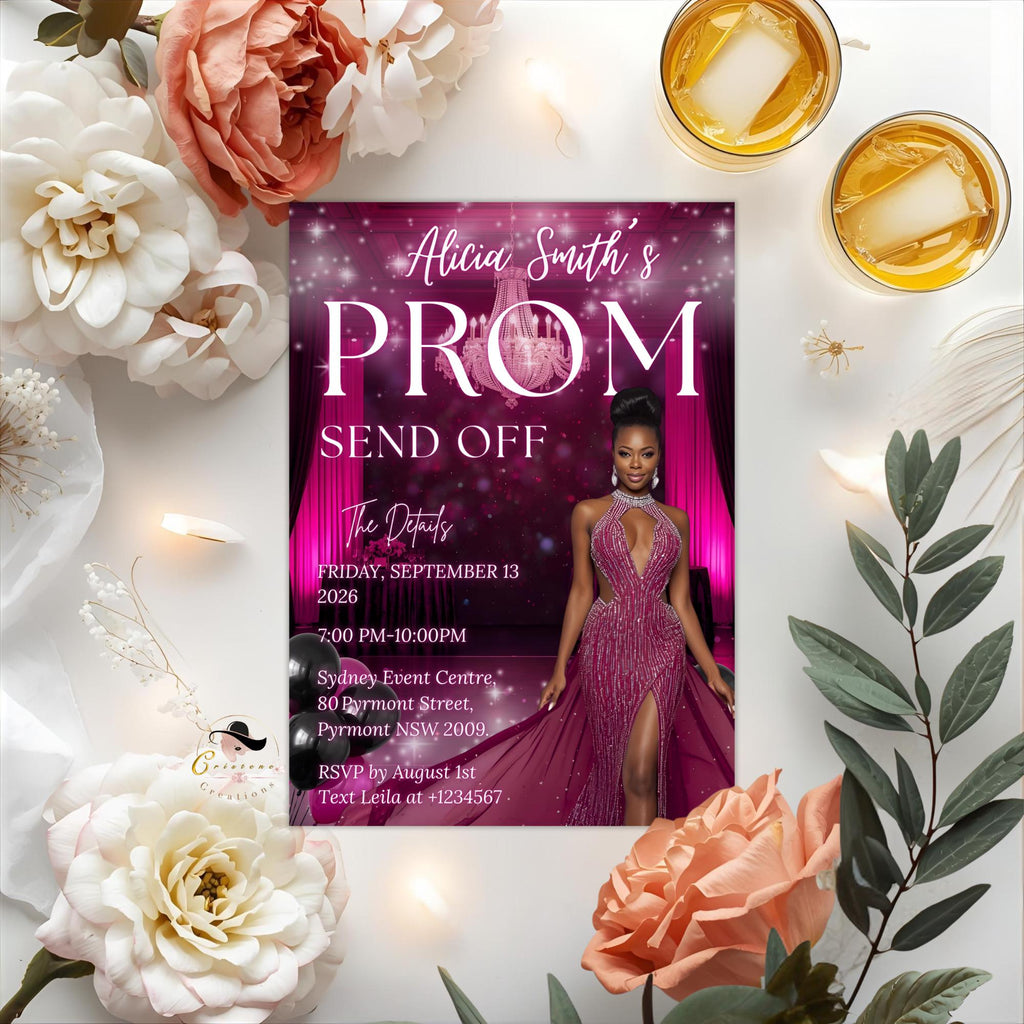Prom Send Off Party Invitation Pink Black Woman Prom Night with photo invite, Elegant Grand Senior Ball and Junior Prom Gala Template, PRM08