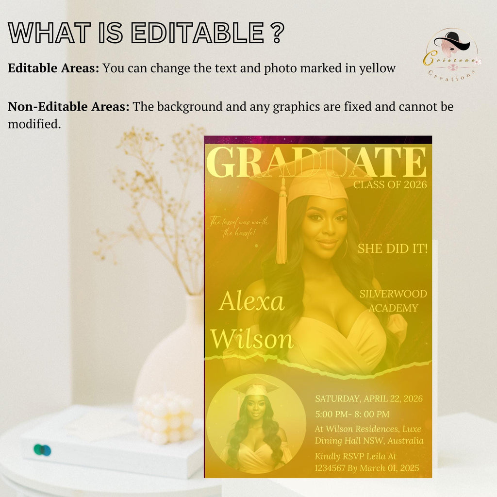 Graduation Announcement 2026 Invitation Pink Senior Graduation invite with photo, Glam Woman College Graduate Party Magazine Cover Template