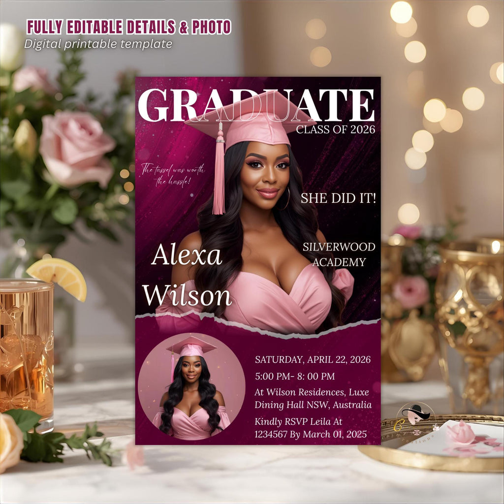 Graduation Announcement 2026 Invitation Pink Senior Graduation invite with photo, Glam Woman College Graduate Party Magazine Cover Template