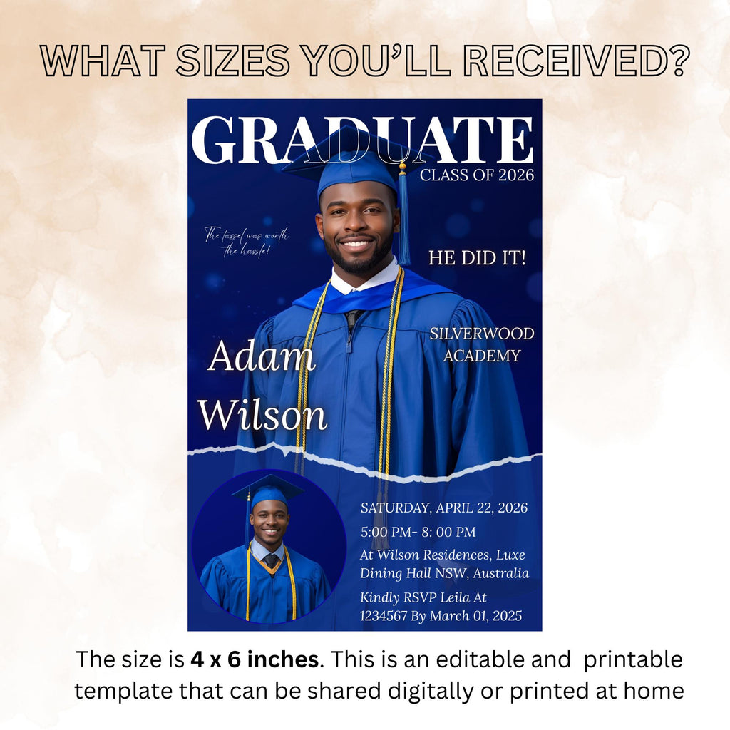 Men Graduation Announcement 2026 Invitation Blue Senior Graduation Party Invite with photo, Male College Graduates Magazine Cover Template