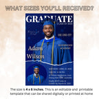 Men Graduation Announcement 2026 Invitation Blue Senior Graduation Party Invite with photo, Male College Graduates Magazine Cover Template