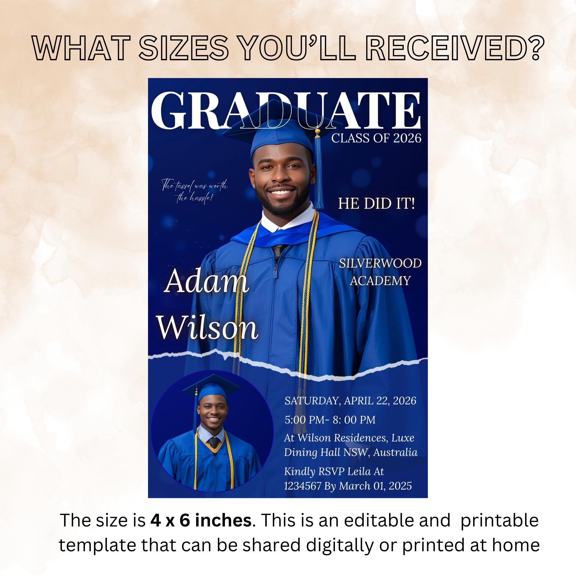 Men Graduation Announcement 2026 Invitation Blue Senior Graduation Party Invite with photo, Male College Graduates Magazine Cover Template