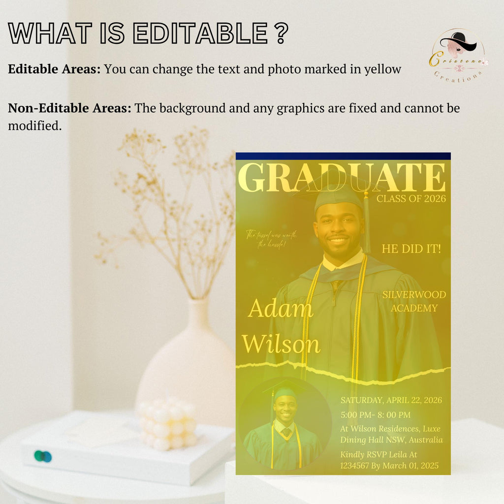 Men Graduation Announcement 2026 Invitation Blue Senior Graduation Party Invite with photo, Male College Graduates Magazine Cover Template