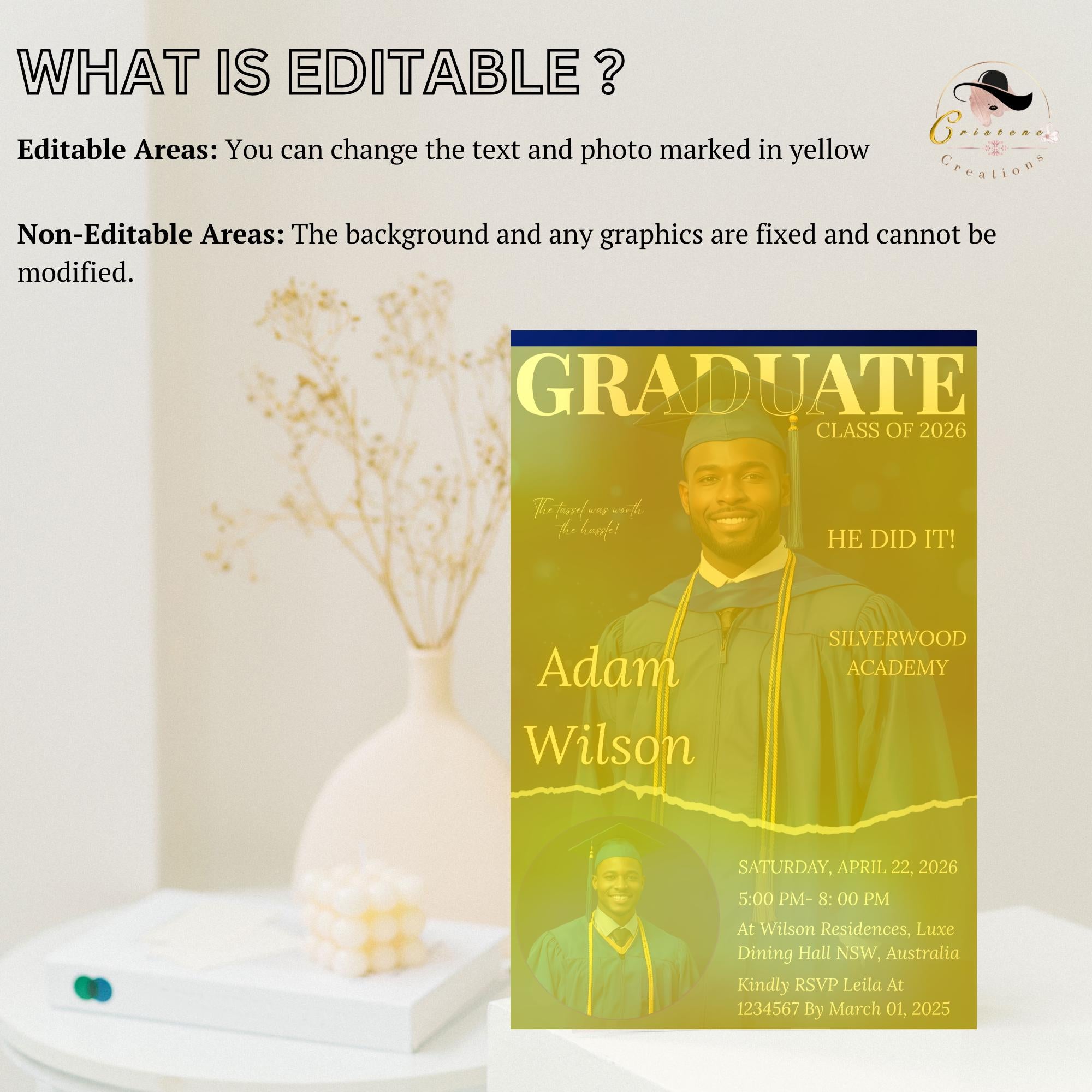 Men Graduation Announcement 2026 Invitation Blue Senior Graduation Party Invite with photo, Male College Graduates Magazine Cover Template