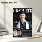 Digital Graduation Announcement 2026 Invitation Men Senior Graduation Party Invite with photo, Male College Graduate Magazine Cover Template