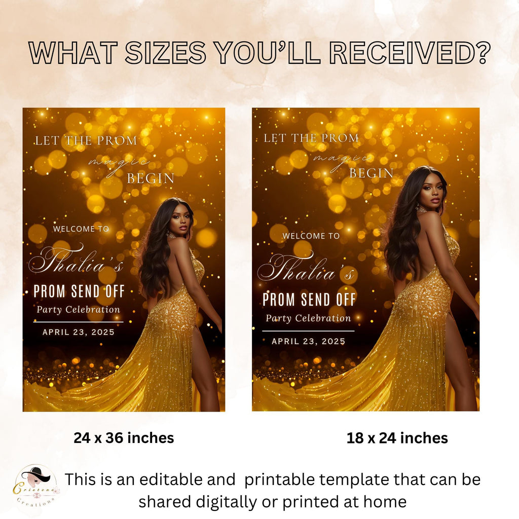 Prom Send Off Party Sign Black Gold Welcome Sign with photo, Junior and Senior Ball Poster Sign, Woman Birthday Dinner Sign Template, PRM06