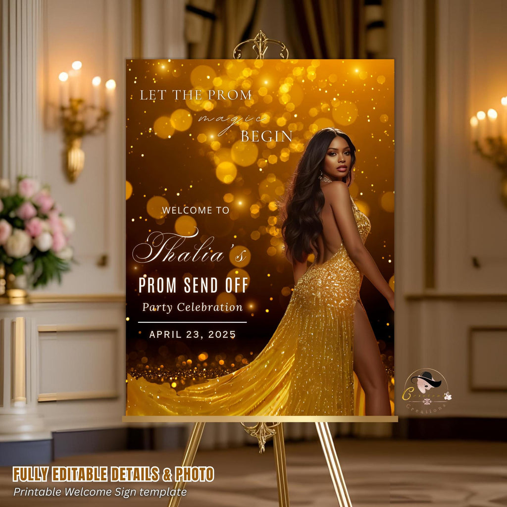 Prom Send Off Party Sign Black Gold Welcome Sign with photo, Junior and Senior Ball Poster Sign, Woman Birthday Dinner Sign Template, PRM06