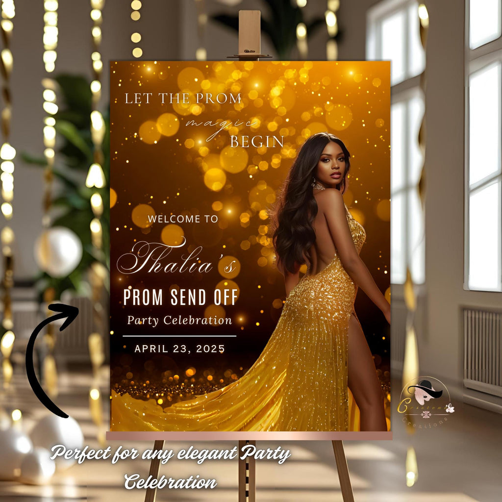 Prom Send Off Party Sign Black Gold Welcome Sign with photo, Junior and Senior Ball Poster Sign, Woman Birthday Dinner Sign Template, PRM06
