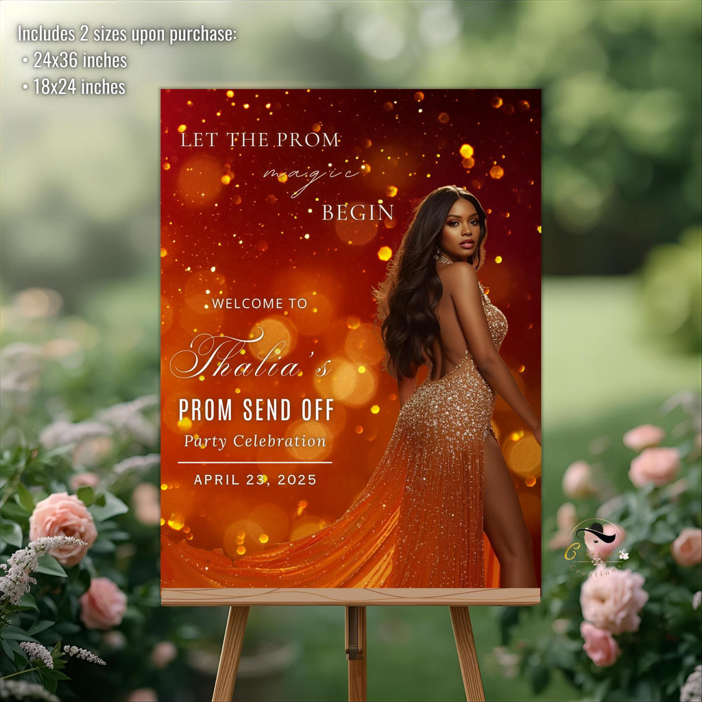 Prom Send Off Party Sign Orange Gold Welcome Sign with photo, Junior and Senior Ball Poster Sign, Woman Birthday Dinner Sign Template, PRM09