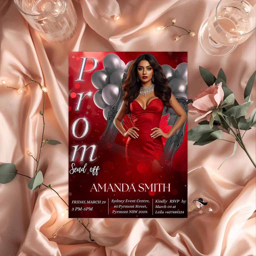 Prom Send Off Party Invitation Red Silver Woman Prom Night with photo invite, Elegant Grand Senior Ball and Junior Prom Gala Template, PRM04