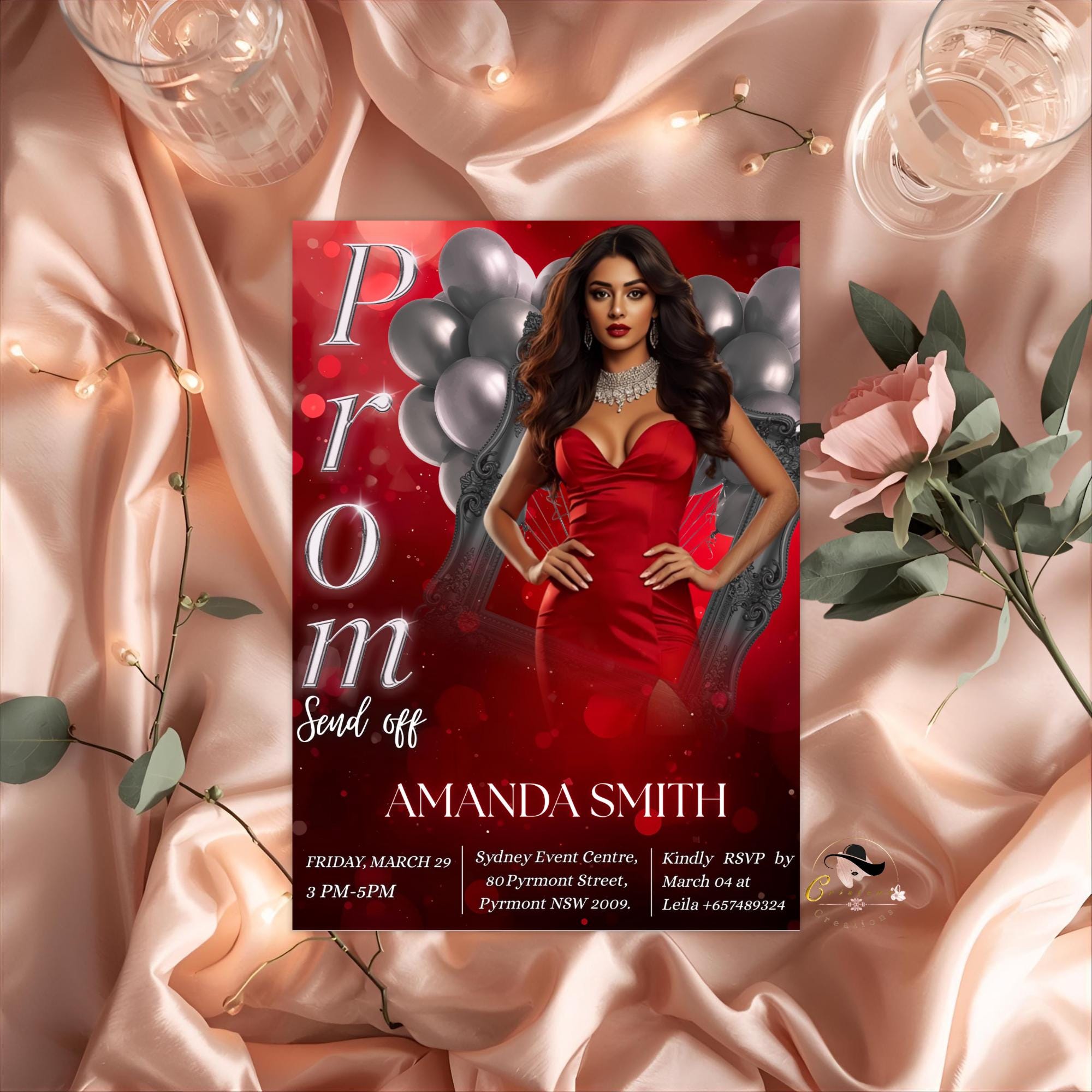Prom Send Off Party Invitation Red Silver Woman Prom Night with photo invite, Elegant Grand Senior Ball and Junior Prom Gala Template, PRM04