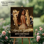 Black Gold Birthday Welcome Party Sign, Retirement Sign with photo Elegant Woman Dinner Entry Sign, Luxury Brunch Poster Sign Board Template