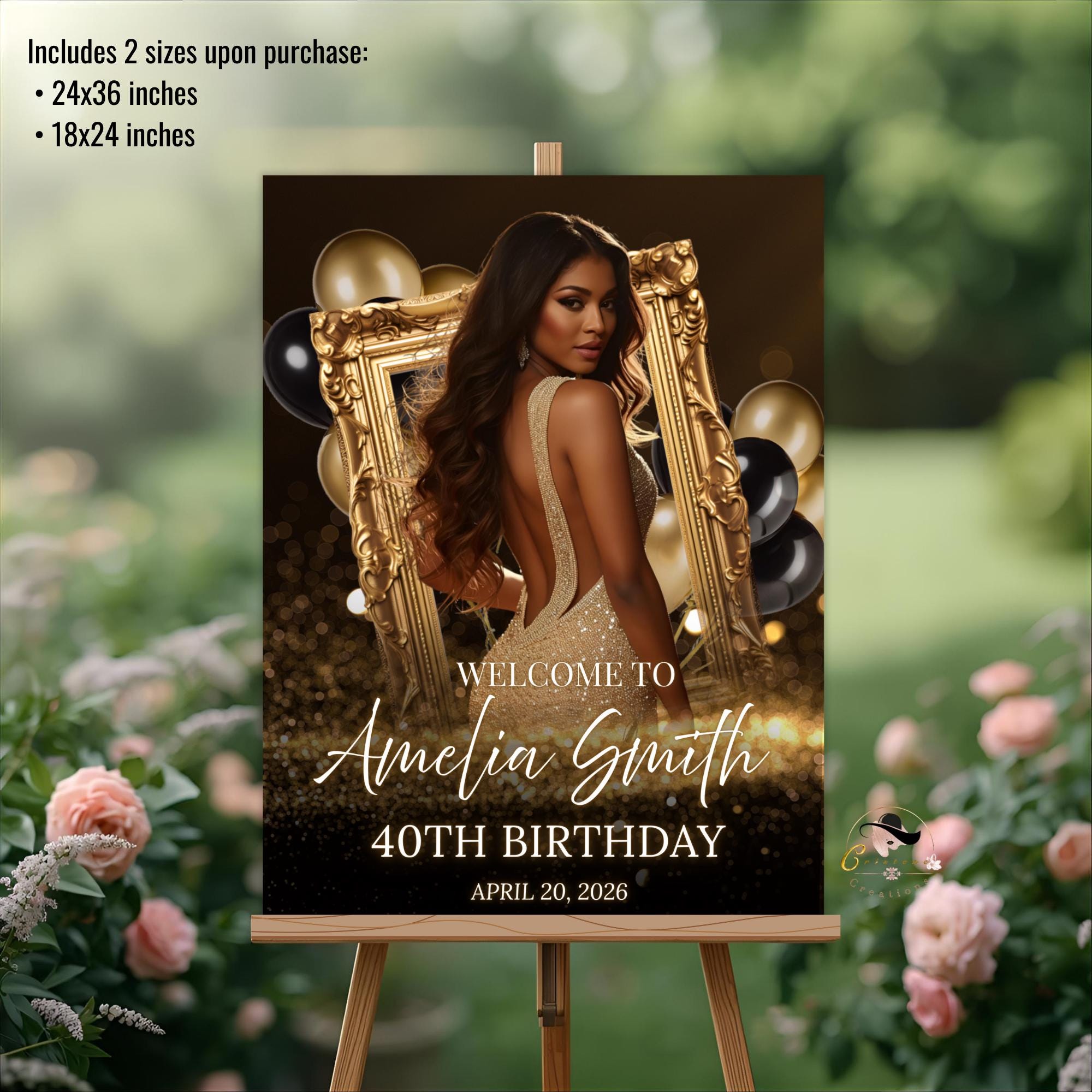 Black Gold Birthday Welcome Party Sign, Retirement Sign with photo Elegant Woman Dinner Entry Sign, Luxury Brunch Poster Sign Board Template