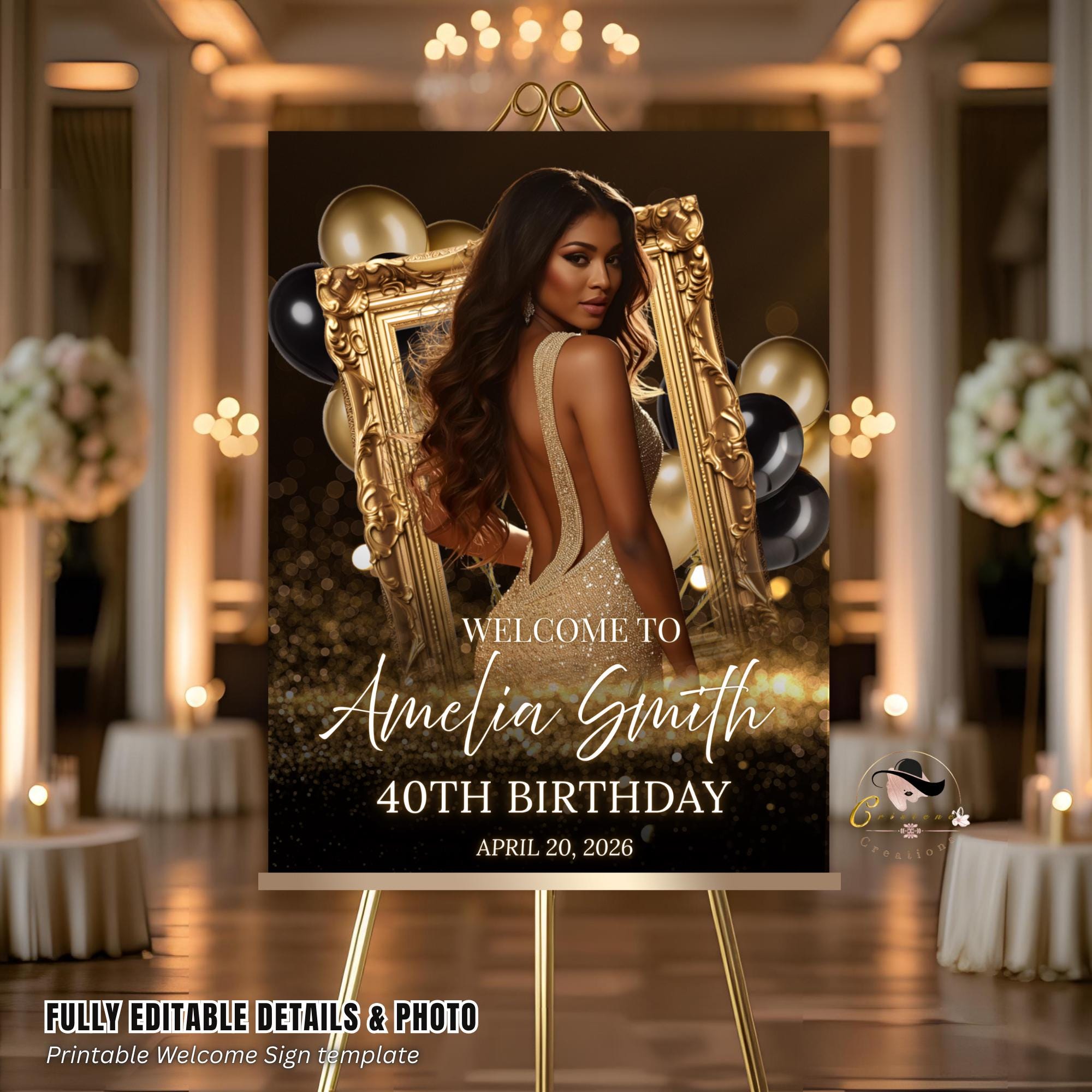 Black Gold Birthday Welcome Party Sign, Retirement Sign with photo Elegant Woman Dinner Entry Sign, Luxury Brunch Poster Sign Board Template