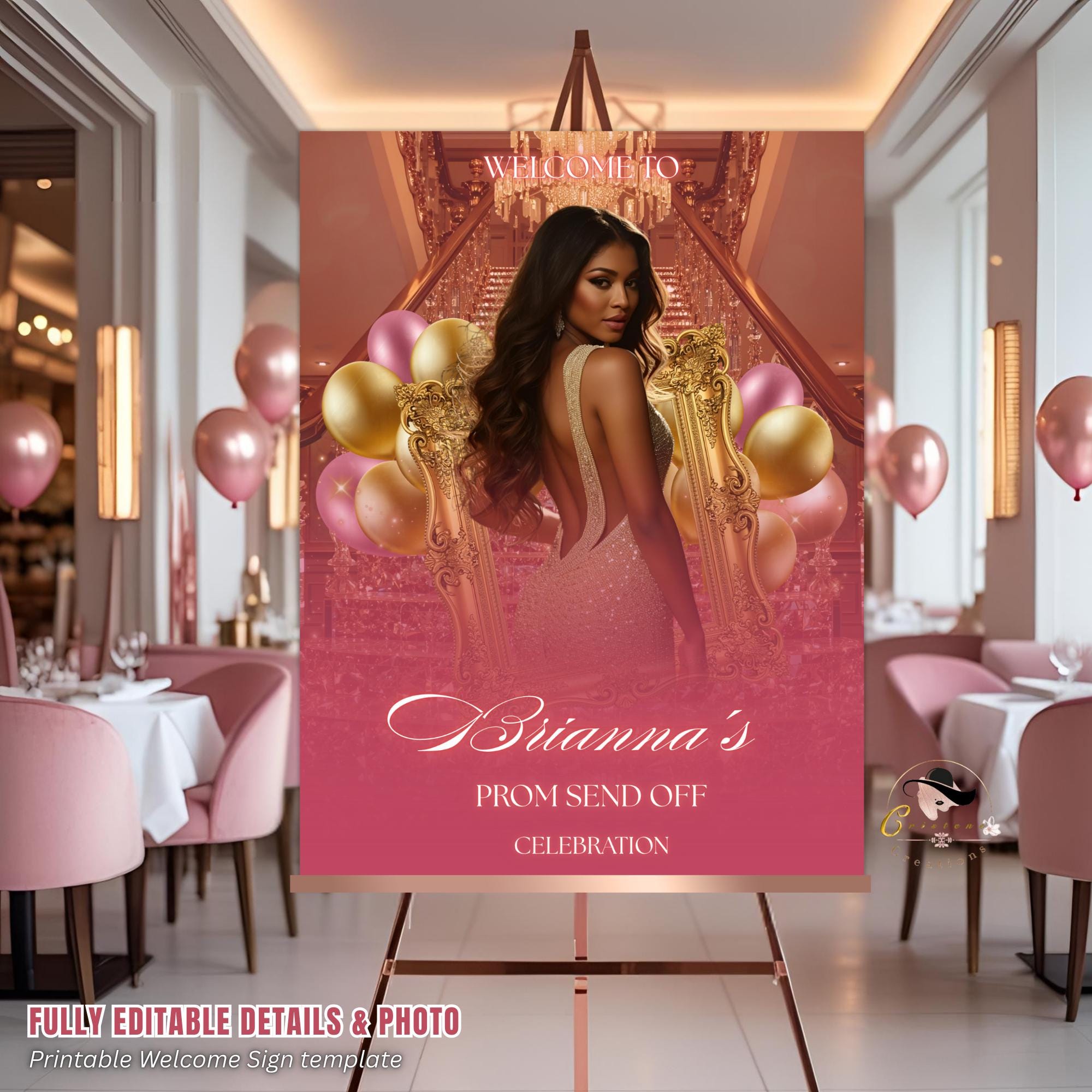 Prom Send Off Party Welcome Sign with photo Rose Gold Junior and Senior Ball Poster Sign, Elegant Woman Birthday Dinner Sign Template, PRM16