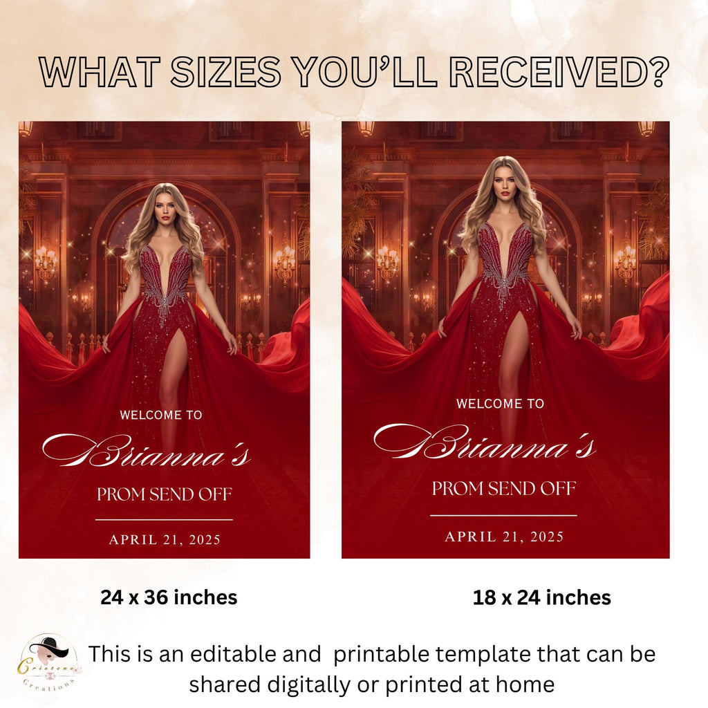 Prom Send Off Party Welcome Sign with photo, Woman Junior and Senior Ball Poster Sign Elegant Red Carpet Hollywood Theme Sign Template PRM01