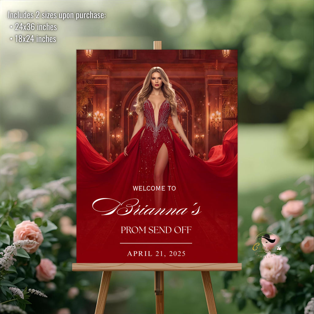 Prom Send Off Party Welcome Sign with photo, Woman Junior and Senior Ball Poster Sign Elegant Red Carpet Hollywood Theme Sign Template PRM01