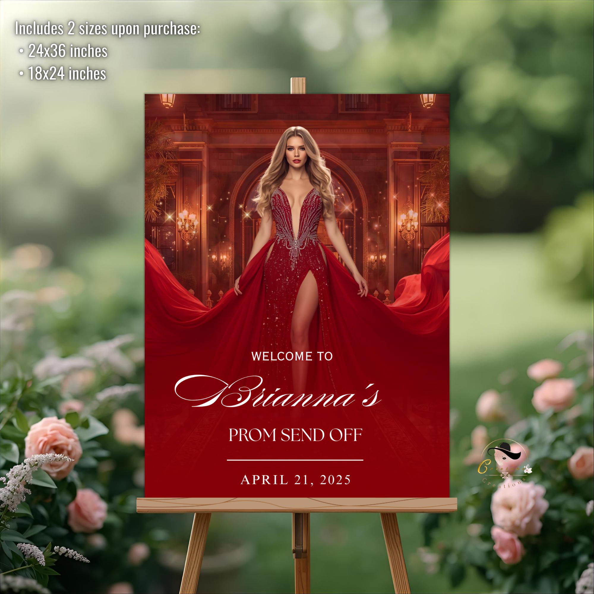 Prom Send Off Party Welcome Sign with photo, Woman Junior and Senior Ball Poster Sign Elegant Red Carpet Hollywood Theme Sign Template PRM01