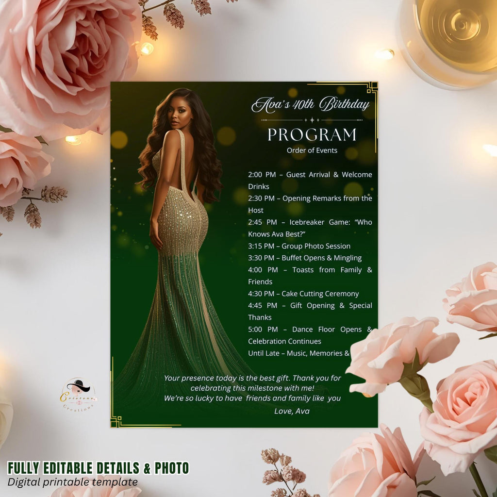 Birthday Program Card Template with photo, Woman Retirement Party Program Schedule, Editable Order of Events, Printable Green Gold Programme
