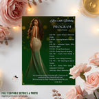 Birthday Program Card Template with photo, Woman Retirement Party Program Schedule, Editable Order of Events, Printable Green Gold Programme