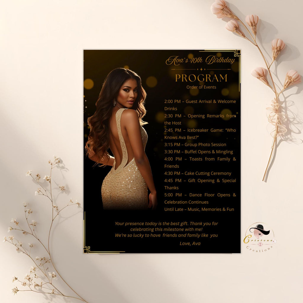 Black gold Birthday Program Card with photo, Woman Retirement Party Program, Printable Men Order of Events Template Elegant Program Schedule