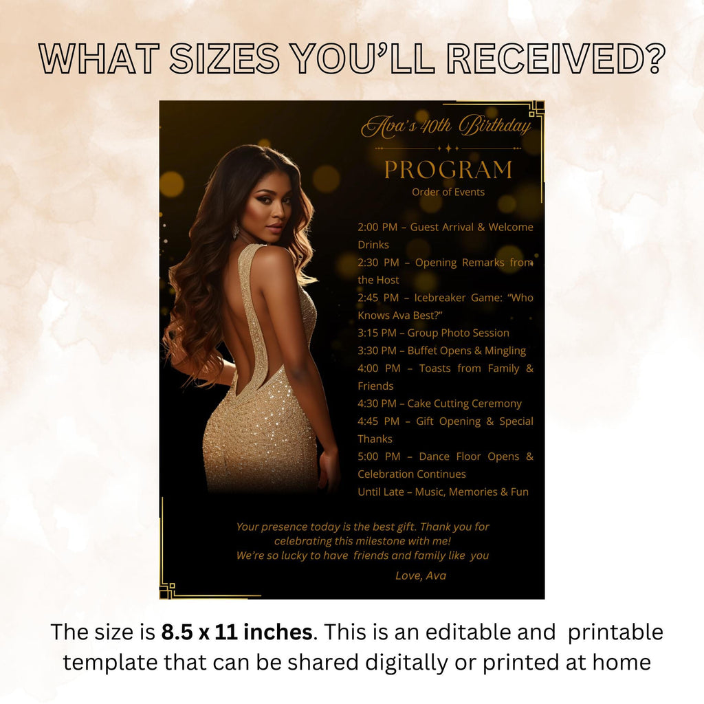 Black gold Birthday Program Card with photo, Woman Retirement Party Program, Printable Men Order of Events Template Elegant Program Schedule