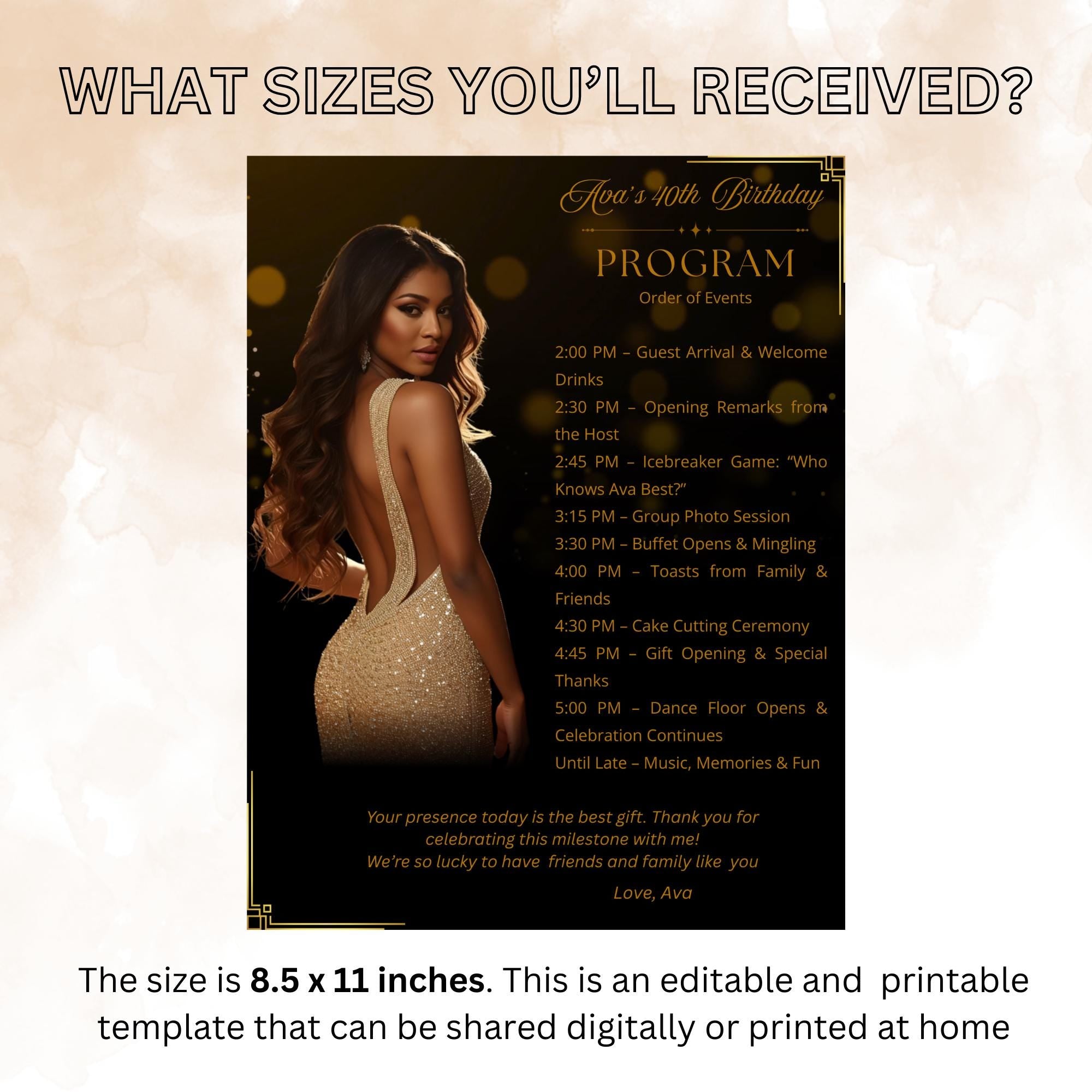 Black gold Birthday Program Card with photo, Woman Retirement Party Program, Printable Men Order of Events Template Elegant Program Schedule