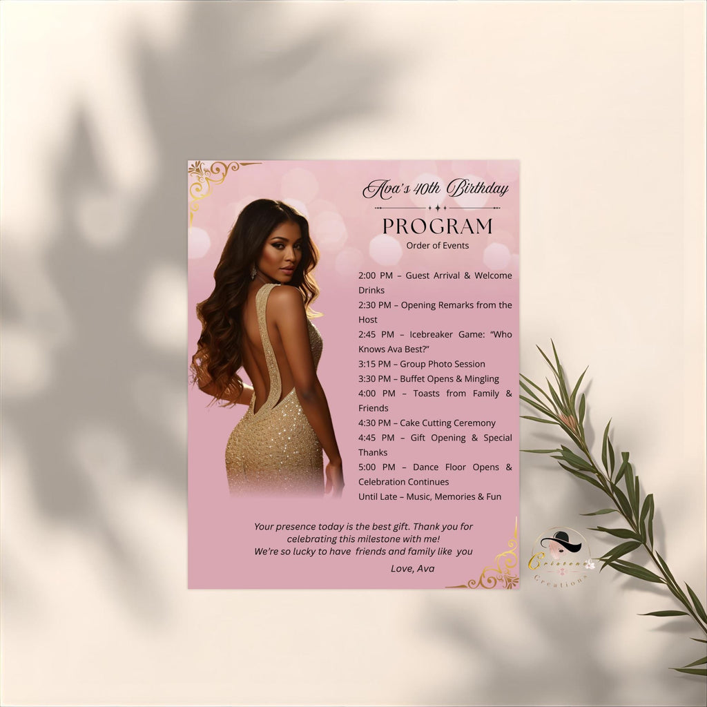 Pink Birthday Program Card with photo, Retirement Party Program Schedule, Editable Order of Events, Printable Sweet 16 Programme Template