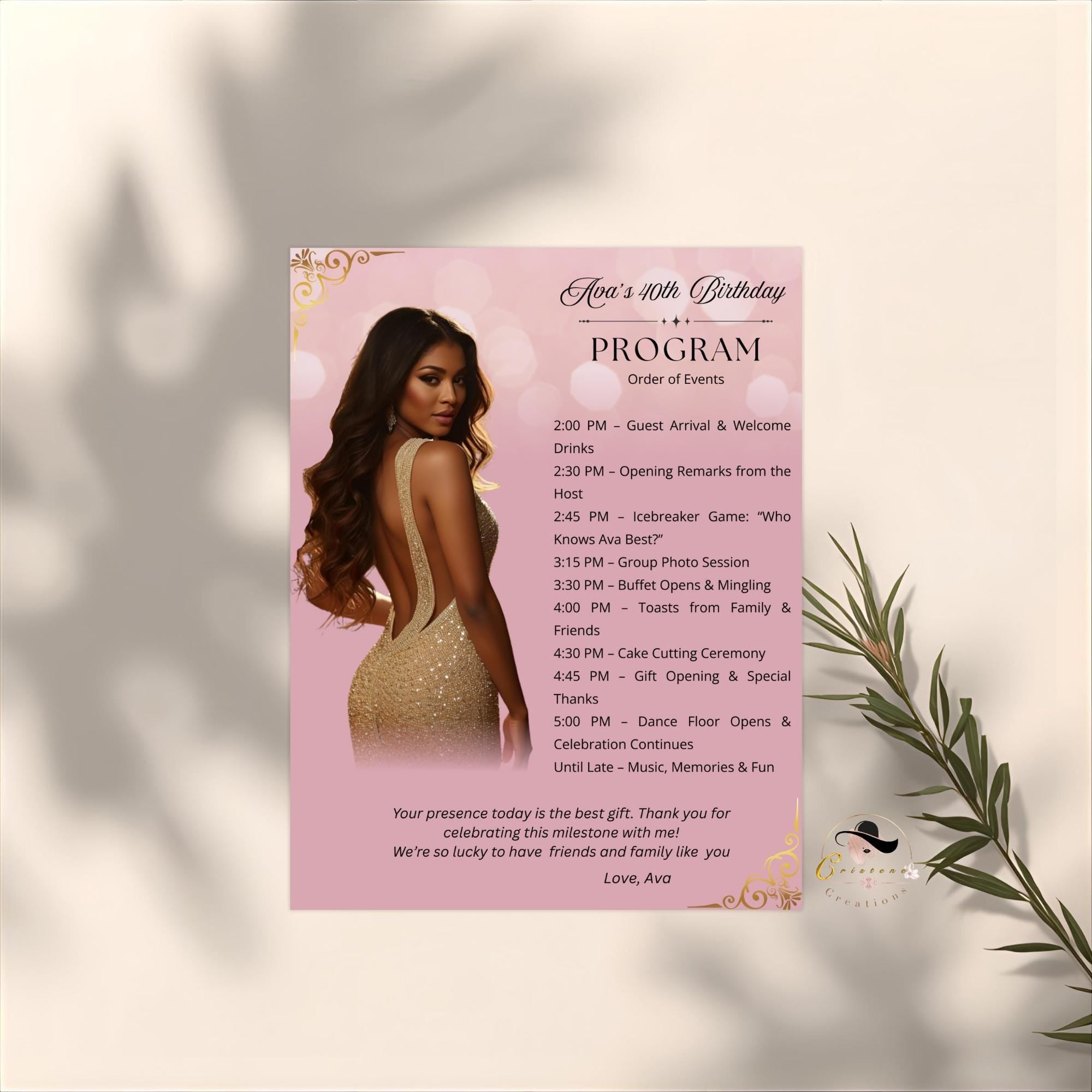 Pink Birthday Program Card with photo, Retirement Party Program Schedule, Editable Order of Events, Printable Sweet 16 Programme Template