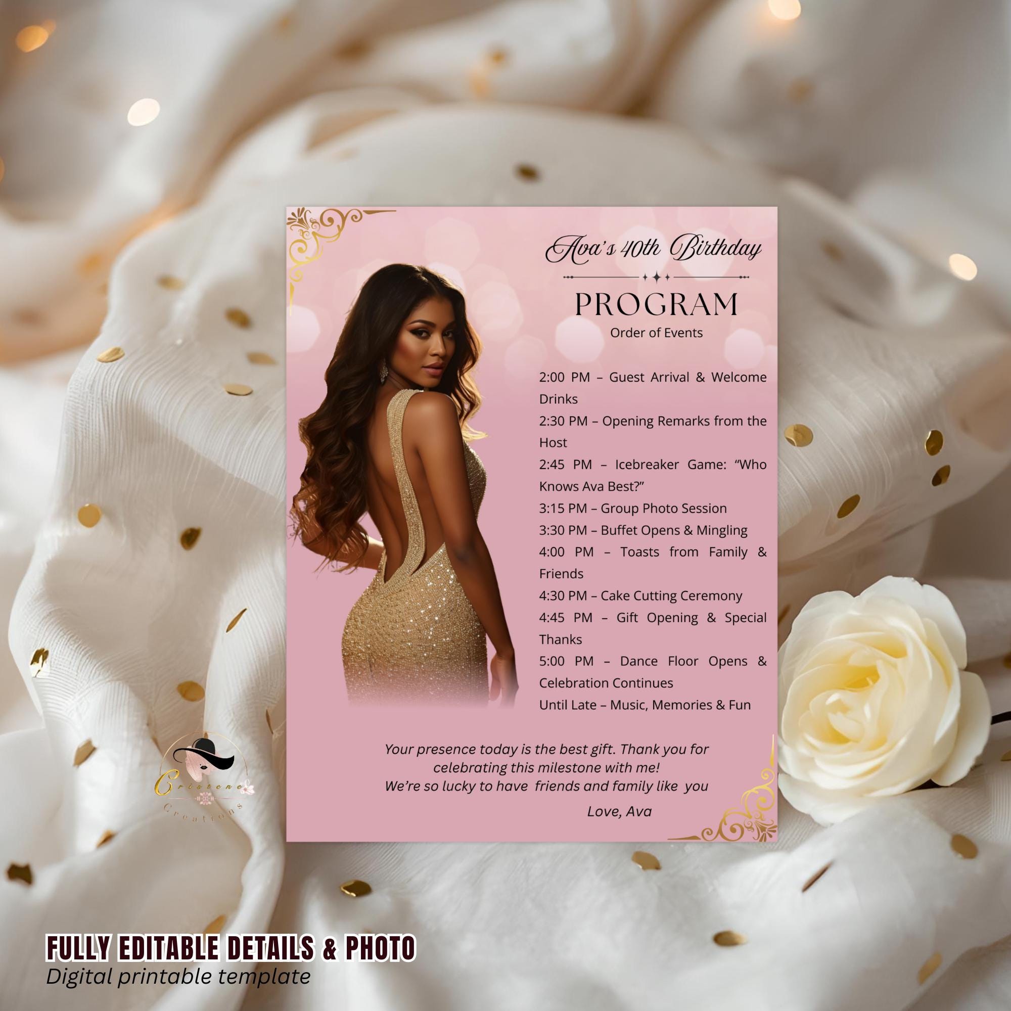 Pink Birthday Program Card with photo, Retirement Party Program Schedule, Editable Order of Events, Printable Sweet 16 Programme Template