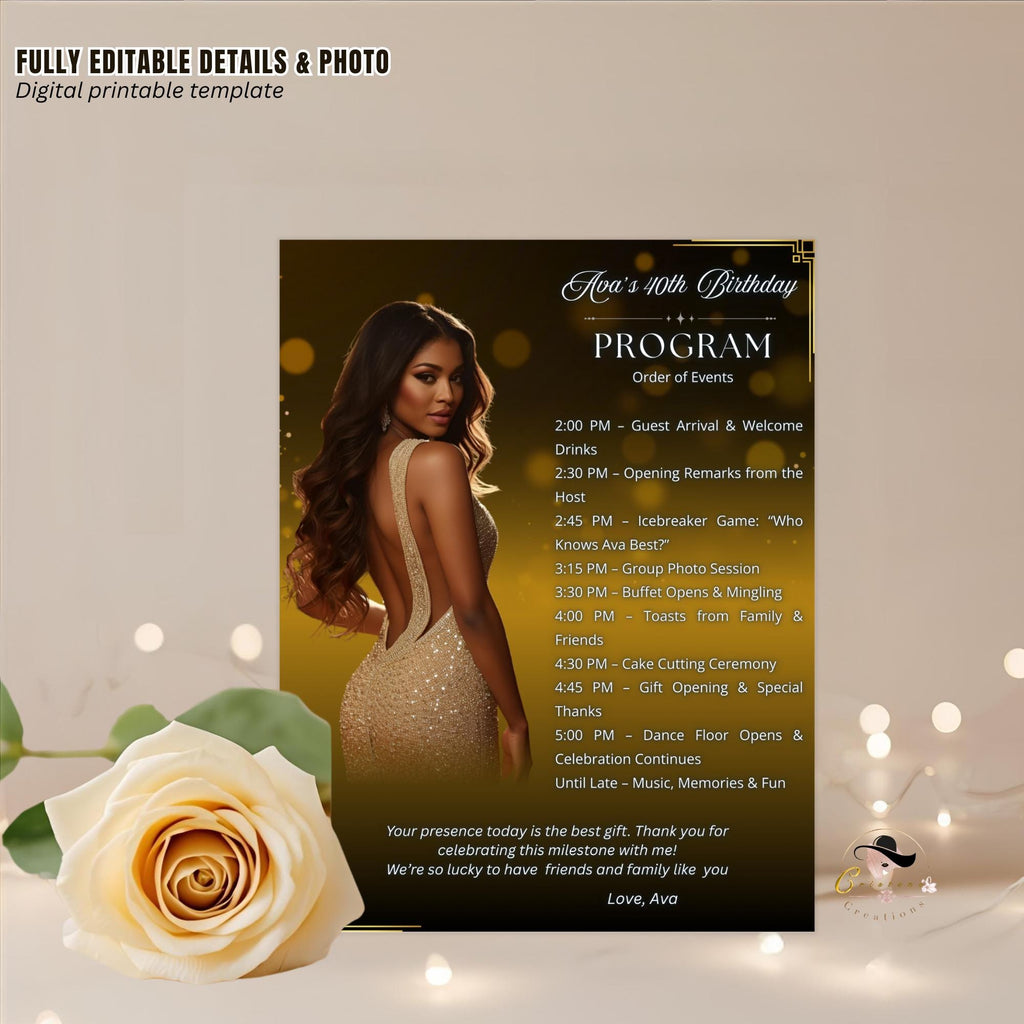 Black gold Birthday Program Template, Woman Retirement Party Program with photo, Printable Men Order of Events Elegant Program Card Schedule
