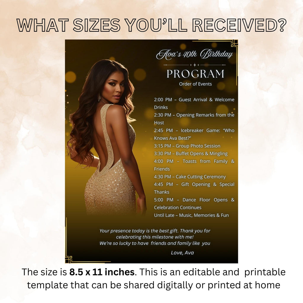 Black gold Birthday Program Template, Woman Retirement Party Program with photo, Printable Men Order of Events Elegant Program Card Schedule