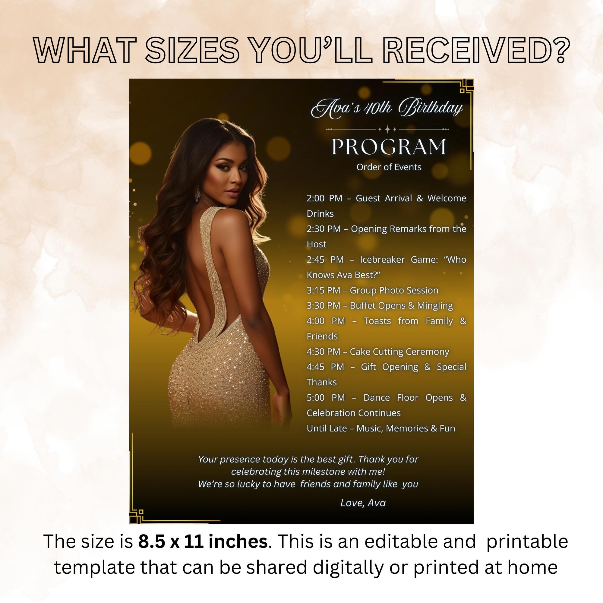 Black gold Birthday Program Template, Woman Retirement Party Program with photo, Printable Men Order of Events Elegant Program Card Schedule