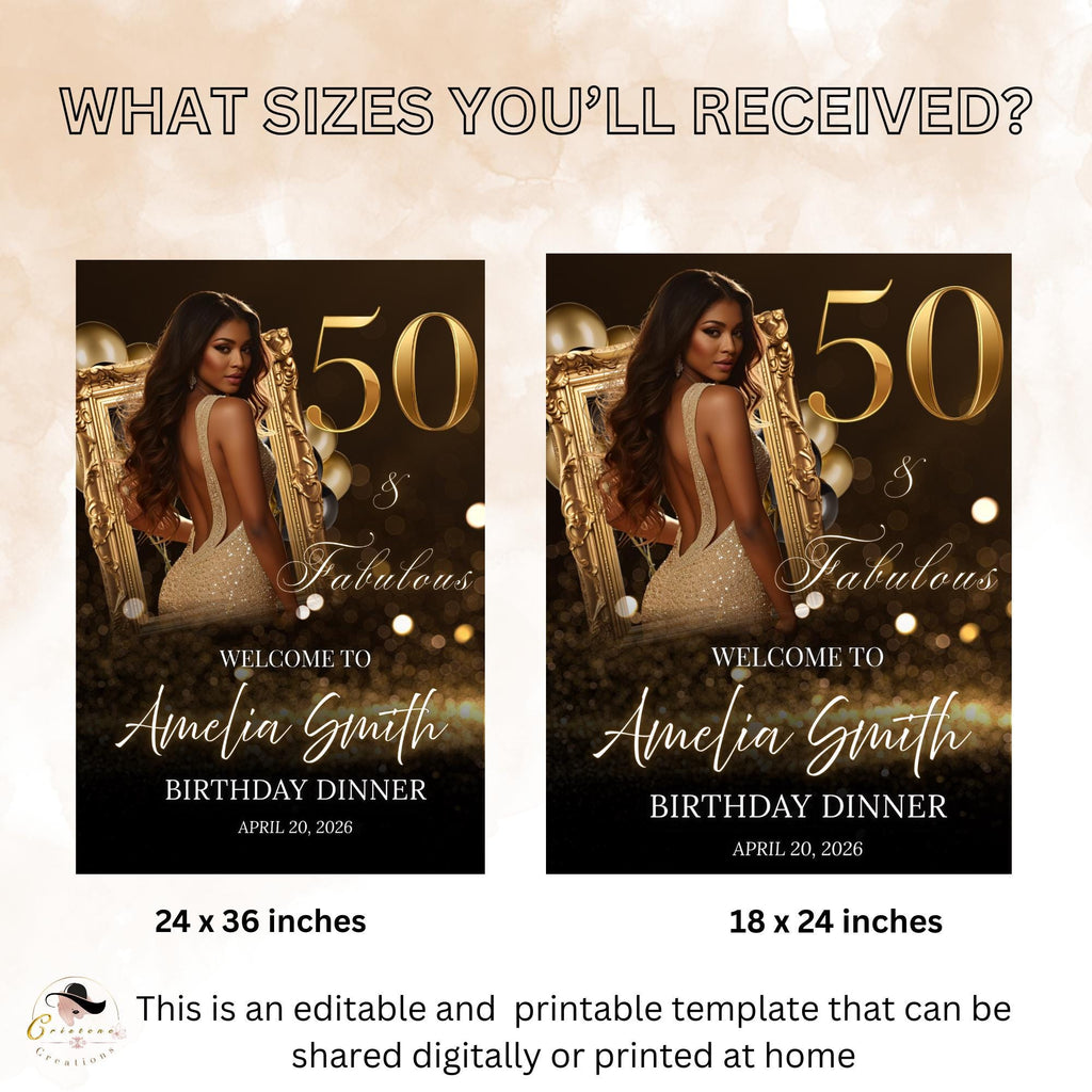 Black Golden 50th Birthday Welcome Party Sign, Dinner Entry Poster Sign with photo, 50 and Fabulous Welcome Board Sign, Men Woman Template