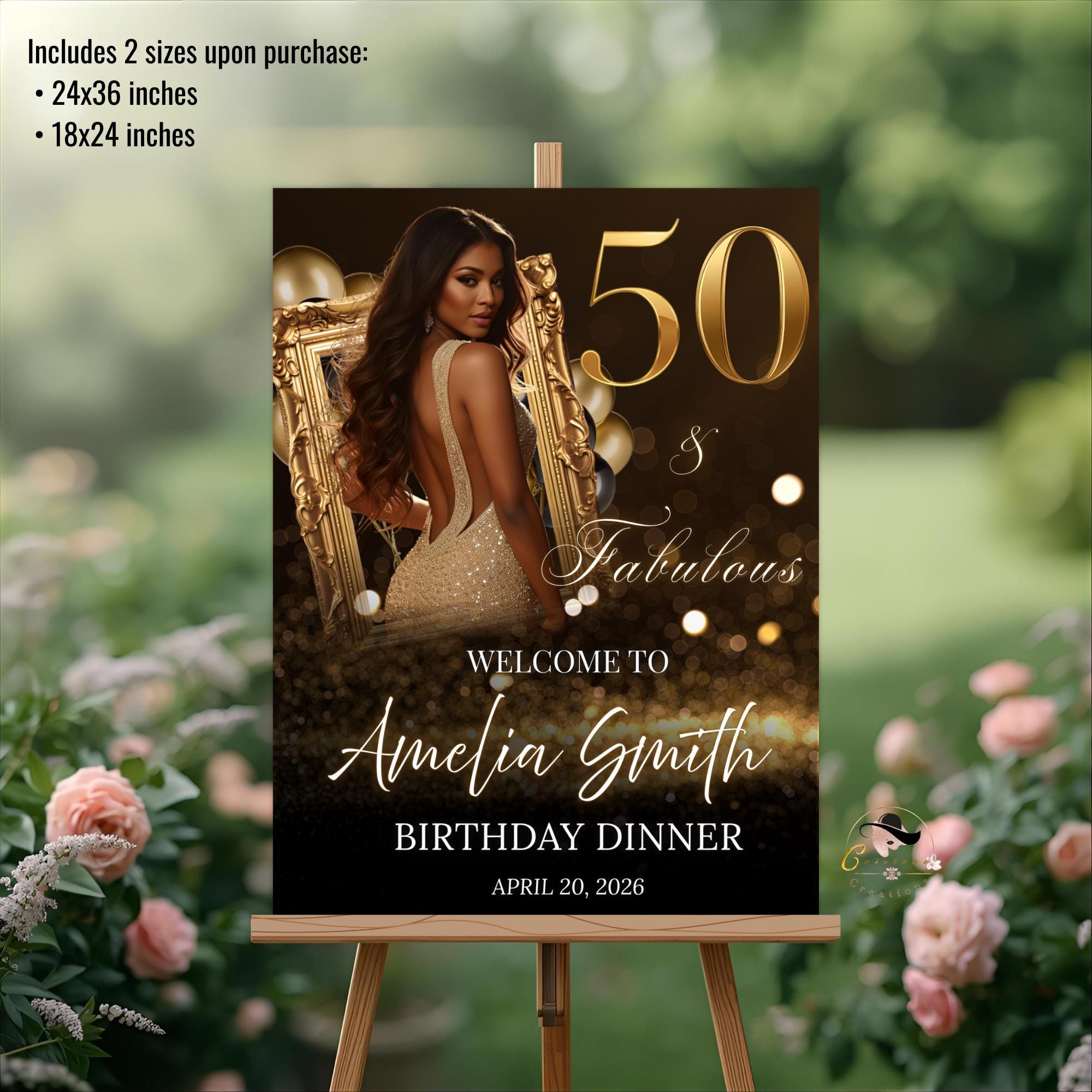 Black Golden 50th Birthday Welcome Party Sign, Dinner Entry Poster Sign with photo, 50 and Fabulous Welcome Board Sign, Men Woman Template