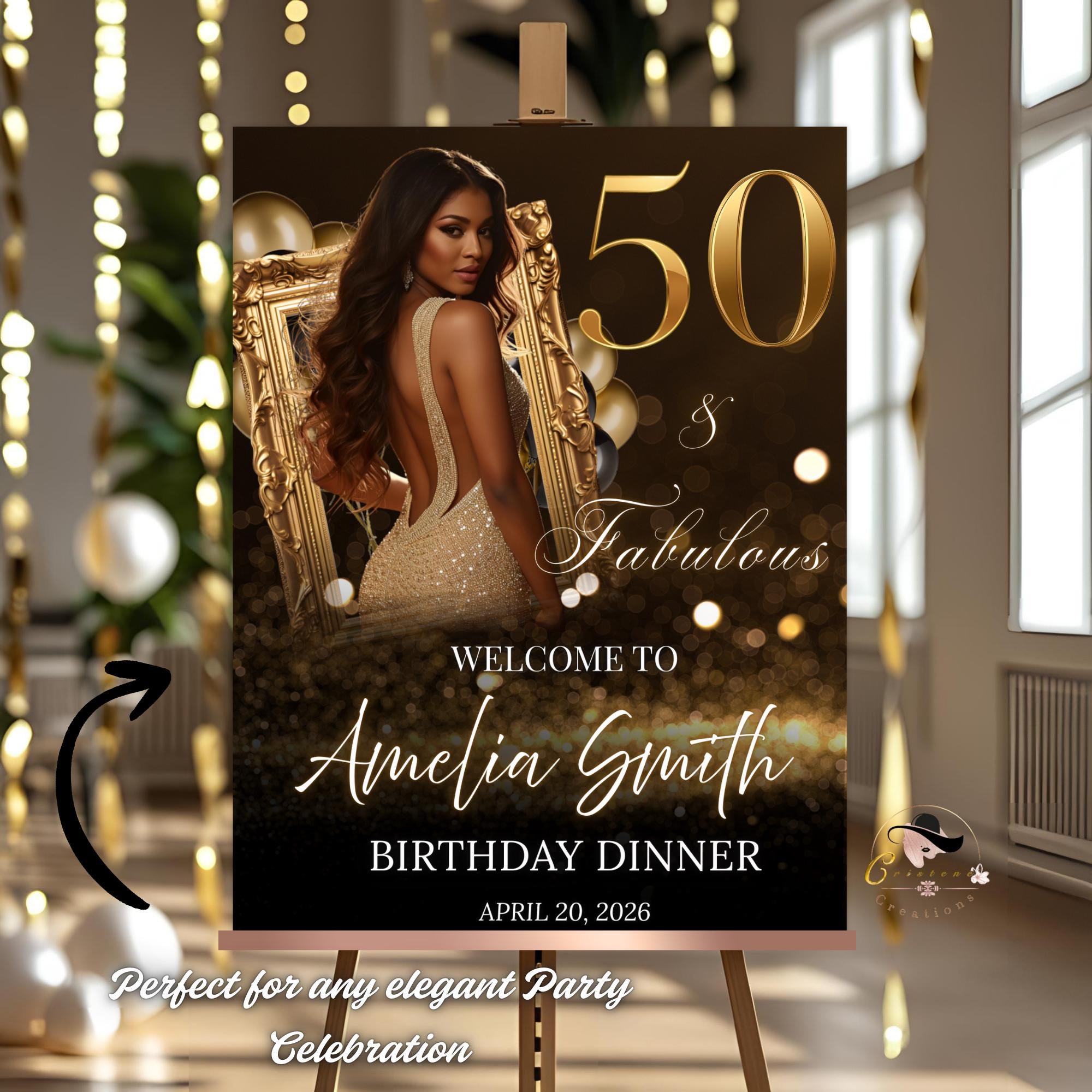 Black Golden 50th Birthday Welcome Party Sign, Dinner Entry Poster Sign with photo, 50 and Fabulous Welcome Board Sign, Men Woman Template
