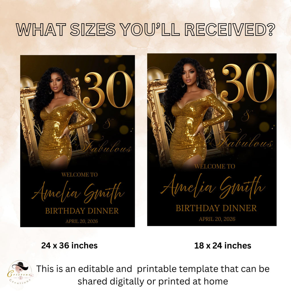 Black Gold 30th Birthday Welcome Party Sign, Retirement Brunch Sign with photo, Glam 30th Birthday Dinner Poster Sign, Men Woman Template