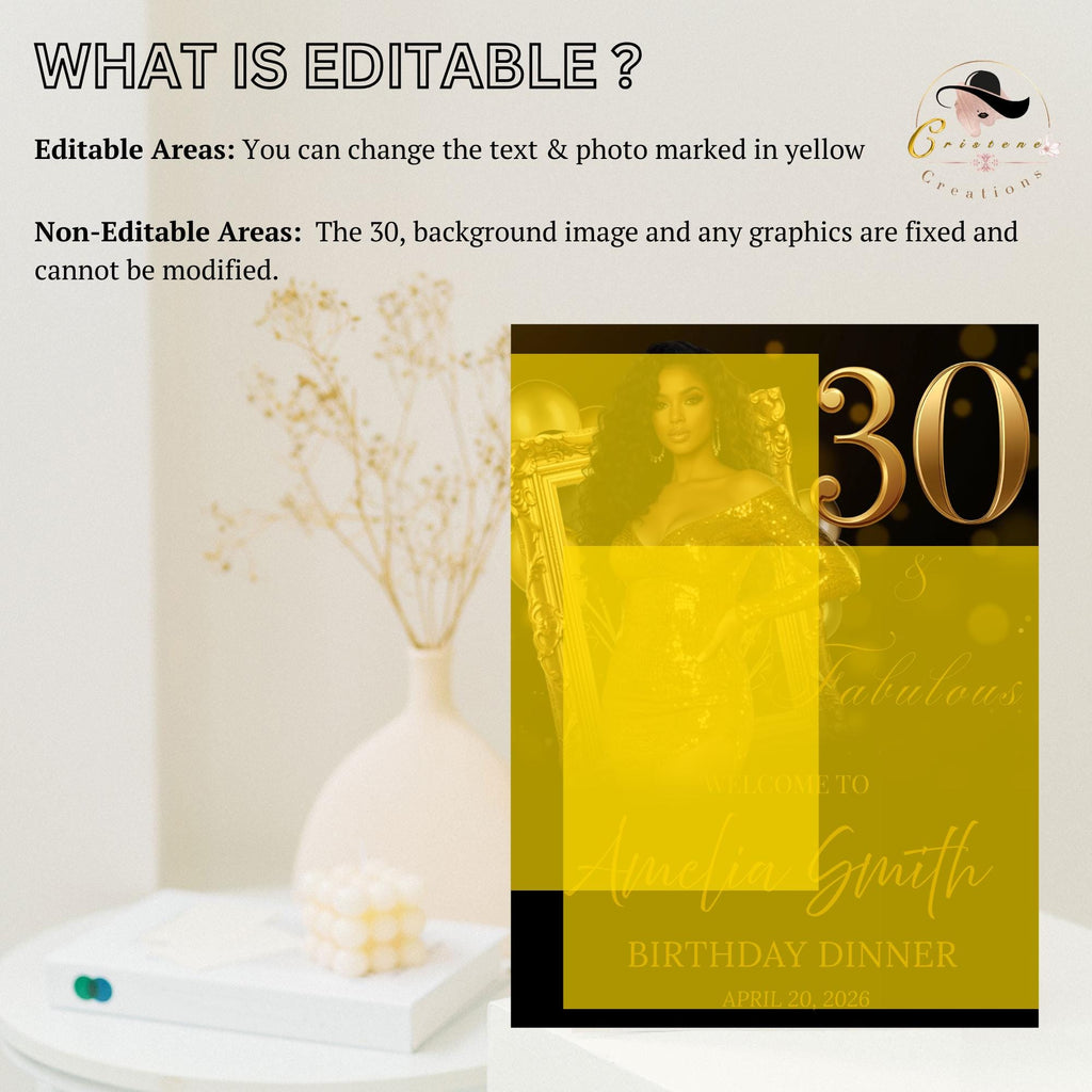 Black Gold 30th Birthday Welcome Party Sign, Retirement Brunch Sign with photo, Glam 30th Birthday Dinner Poster Sign, Men Woman Template