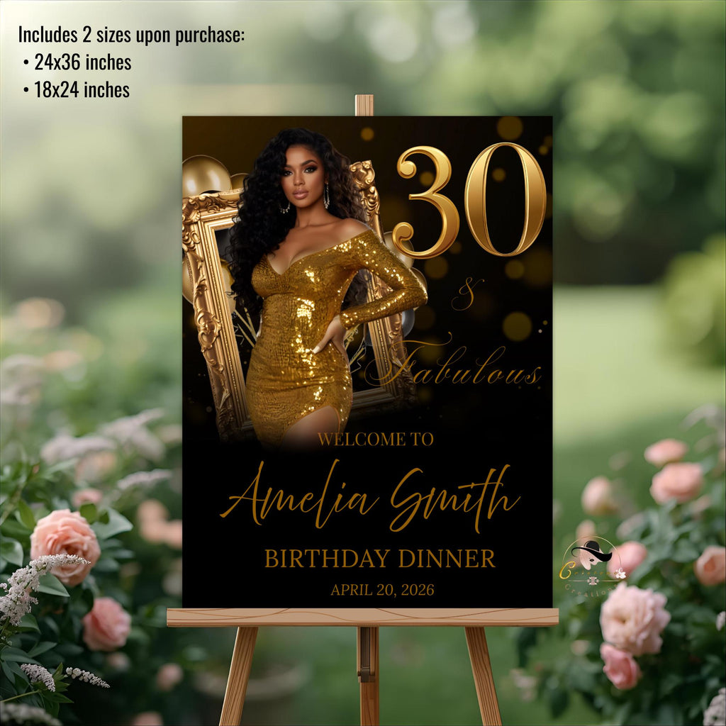 Black Gold 30th Birthday Welcome Party Sign, Retirement Brunch Sign with photo, Glam 30th Birthday Dinner Poster Sign, Men Woman Template