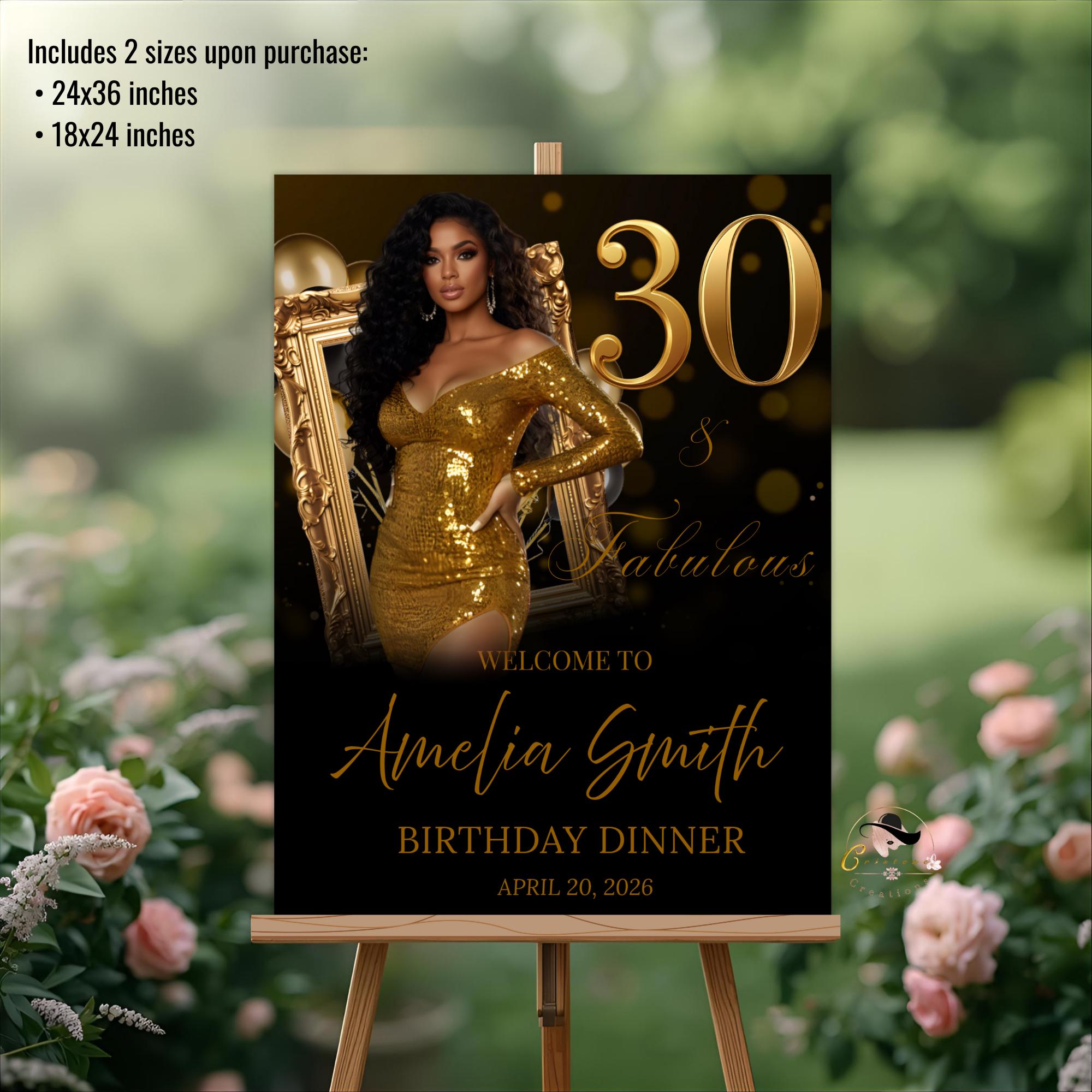 Black Gold 30th Birthday Welcome Party Sign, Retirement Brunch Sign with photo, Glam 30th Birthday Dinner Poster Sign, Men Woman Template